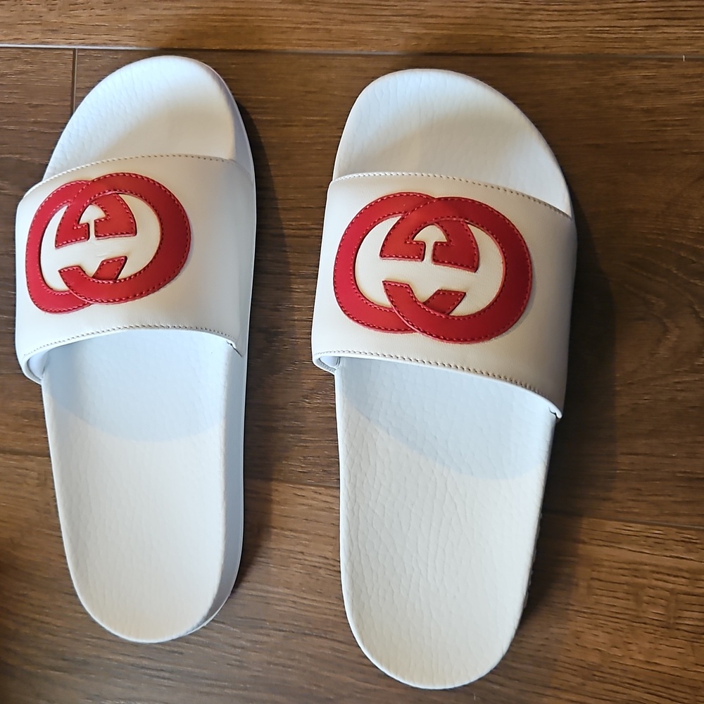 GUCCI INTERLOCKING G LEATHER SLIDES WHITE SIZE EU 38 - Picture 13 of 16
